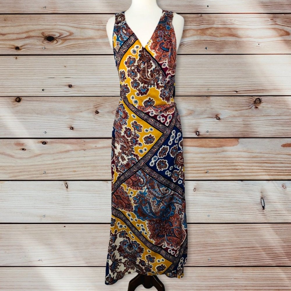 Anthropologie Sleeveless Patchwork Paisley Maxi Dress in Yellow, Blue, Brown